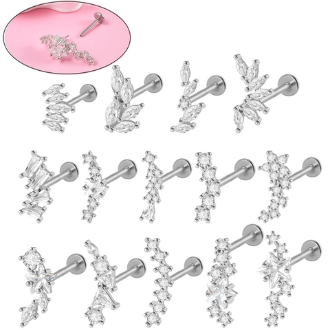 Stainless Steel Zirconia Lip Stud Labret Piercing Star Leaf Butterfly Internally Threaded Ear Cartilage Stud Earrings Jewelry