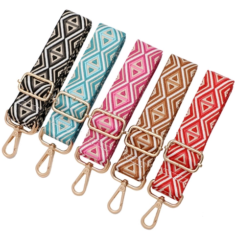 Wide Bag Strap Adjustable Shoulder Crossbody Replacement Polyester Cotton Webbing Ethnic Geometric Diamond Pattern Gold Metal Hooks