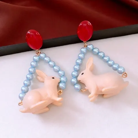 Kaninchen Anhänger Ohrhänger Mit Künstlichen Künstliche Perlen Und Silbernem Ohrstecker Süßer Tier Schmuck Für Damen