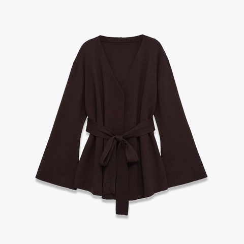 Women Knit Wrap Cardigan Top Elegant V Neck Belted Bell Sleeve Long Sleeve Solid Color Soft Sweaters