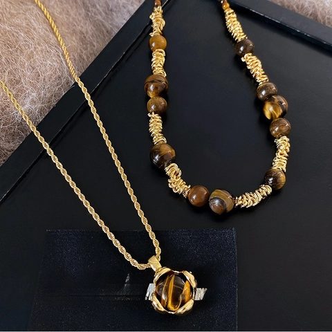 Double Layer Necklace Stainless Steel Tiger's Eye Beaded Round Pendant Vintage Maillard Style Jewelry For Women