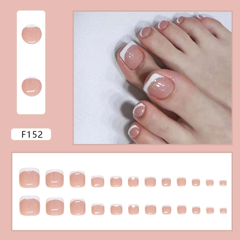 French Press On Toenails White Tips Fine Glitter Nude Pink Detachable ABS Plastic Full Cover False Toe Nails For Women