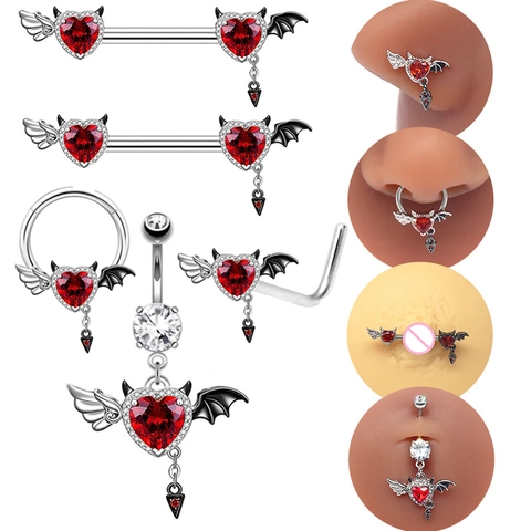 Gothic Stainless Steel Bat Wings Heart Red Zirconia Body Jewelry Nipple Ring Belly Button Ring Nose Stud For Women Punk Piercing Accessories