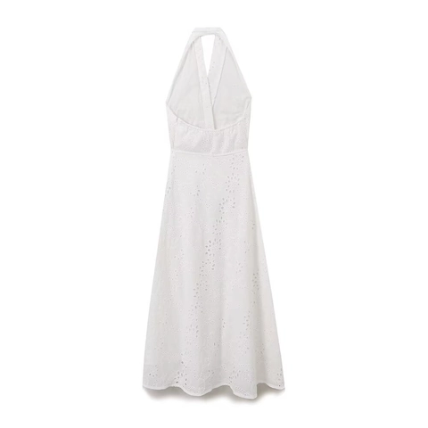 White Halter Neck Maxi Dress Cotton Eyelet Embroidery Backless Hollow Out Elegant Sexy Sleeveless Boho Long Dress Women