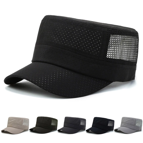 Heren Mesh Ademende Cadet Cap Polyester Platte Militaire Hoed Outdoor Vissen Zonbescherming Verstelbaar