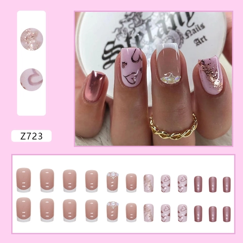 Press On Nails Französische Weiße Spitze Herz Design Aurora Glitzer Süße Ins Stil Kunststoff Künstliche Fingernägel Für Damen