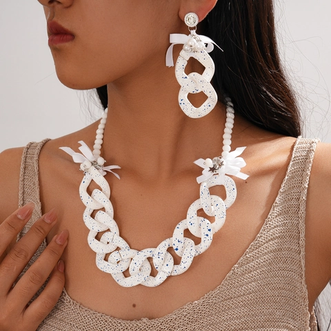 Collana E Orecchini Catena Acrilica Grossa Con Fiocco Nastro Perla Artificial Imitazione Stella Perno Argento Per Donna