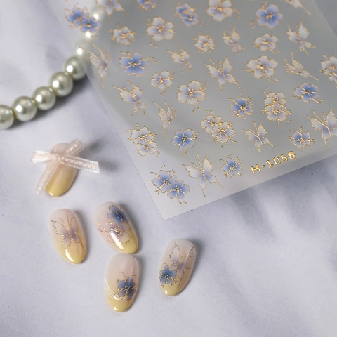 Blue Flower Golden Butterfly Nail Stickers Embossed Gold Stamping Elegant French Style DIY Nail Art Decals For Women