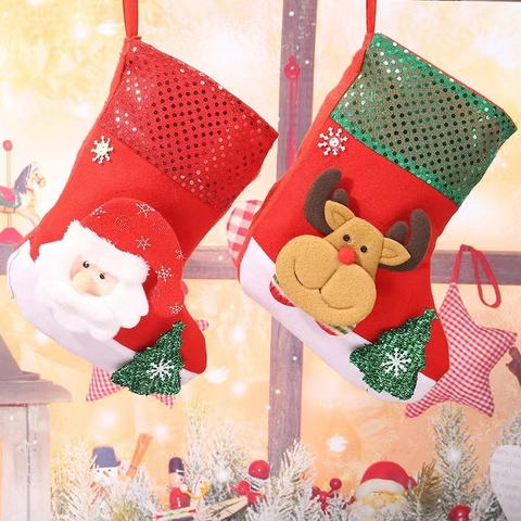 Calze Di Natale Da Appendere Feltro E Paillettes Personaggi Babbo Natale Pupazzo Di Neve Renna Orso Ornamento Albero Sacchetto Regalo