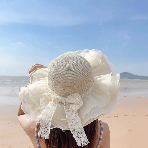 Cappello Da Sole In Paglia A Tesa Larga Con Fiocco In Pizzo Volant In Organza Pieghevole Traspirante Per Donne E Bambini