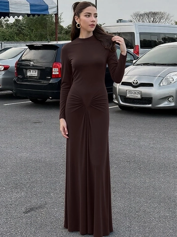 Maxi Dress Polyester Spandex Long Sleeve Mock Neck Slim Fit Ruched Waist Floor Length Solid Color Elegant For Women