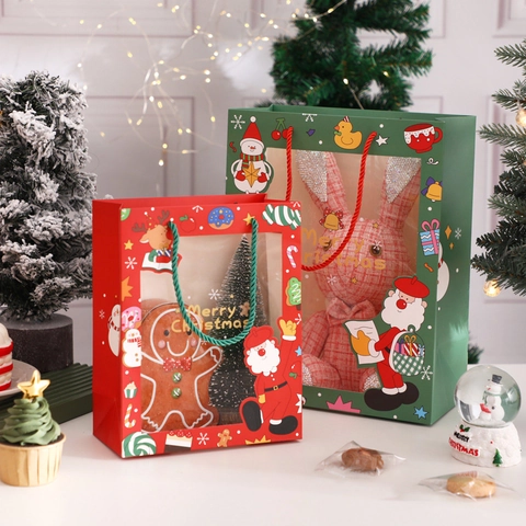 Christmas Tote Gift Bags With Clear Window Paper Packaging Cartoon Santa Snowman Reindeer Holiday Party Favor Handle