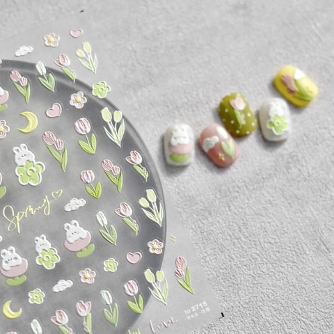 Nail Art Stickers 3D Relief Self Adhesive Tulip Rabbit Floral Japanese Retro Sweet Spring Style Manicure Decoration