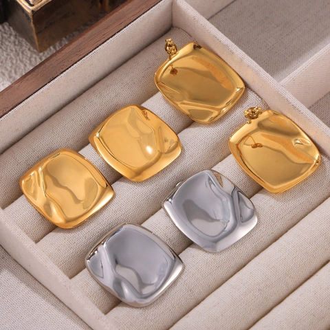 Geometric Square Stud Earrings Hammered Texture Liquid Metal Look Stainless Steel Gold Plated Minimalist Jewelry For Women