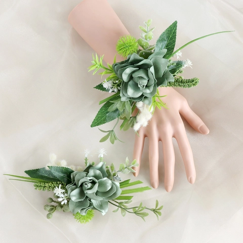 Salbei Grüne Künstliche Satinnblumen Ansteckblume Und Handgelenkschmuck Mit Kunstperlen Für Hochzeit Party Abschlussball