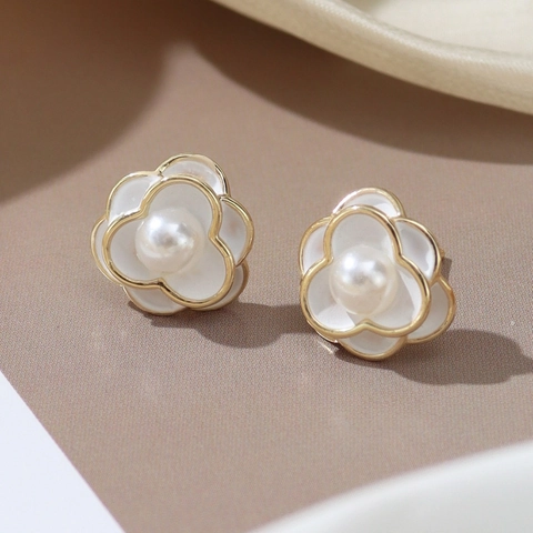White Camellia Flower Stud Earrings Enamel Artificial Pearl Copper French Elegant For Women With 925 Sterling Silver Earring Post