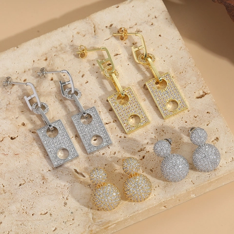 French Vintage Copper Zirconia Earrings Hollow Geometric Rectangle Gourd Dangle Stud Earrings For Women Elegant Fashion Jewelry