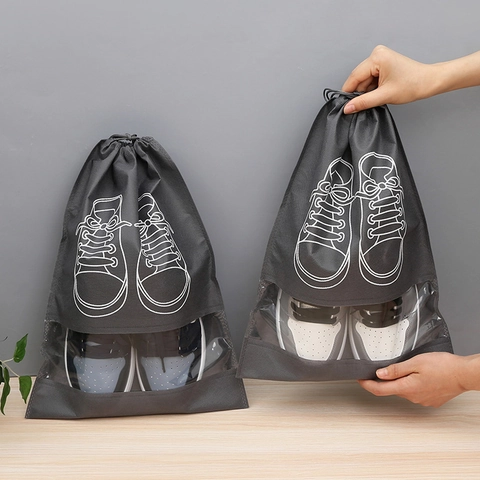 Portable Shoe Storage Bags Non Woven Fabric With Transparent Window Drawstring Dustproof Travel Organizer For Sneakers