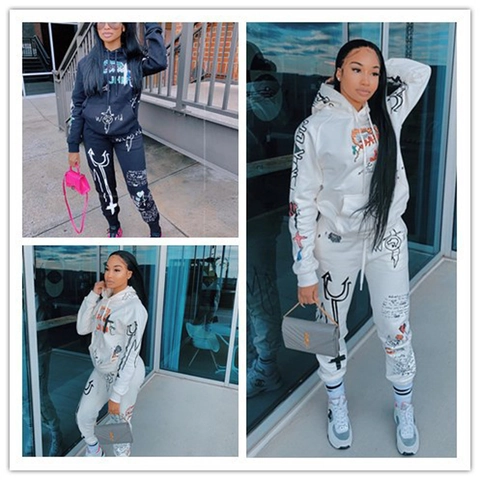 Ensemble Survêtement Décontracté pour Femmes Imprimé Lettres À Capuche et Pantalon Top And Bottom Streetwear Mélange de Coton Automne Hiver