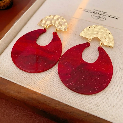 Retro Roter Marmor Harz Hängeohrringe Gehämmerter Goldmetall Kupfer Geometrischer Rundschmuck Mit Silver Earring Post Damen