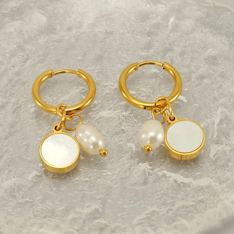 Pendientes De Aro De Acero Inoxidable Bañados En Oro De 18K Con Perla Artificial Natural Y Colgantes De Concha Redonda Blanca Joyas Mujer