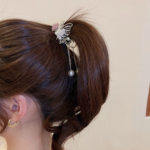 Pince À Cheveux Papillon Alliage Strass Fleur En Résine Et Tassel Künstliche Perle Imitation Coiffe Élégante Pour Femmes