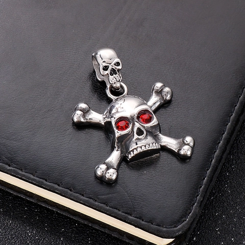 Skull Crossbones Pendant Necklace Stainless Steel Red Rhinestone Eyes Hip Hop Punk Gothic Jewelry For Men