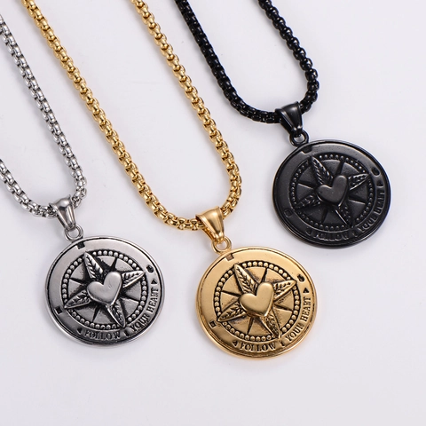 Collana Con Ciondolo Inciso Follow Your Heart Bussola Stella Retro Acciaio Inossidabile 304 Medaglia Rotonda Gioielli Uomo Donna