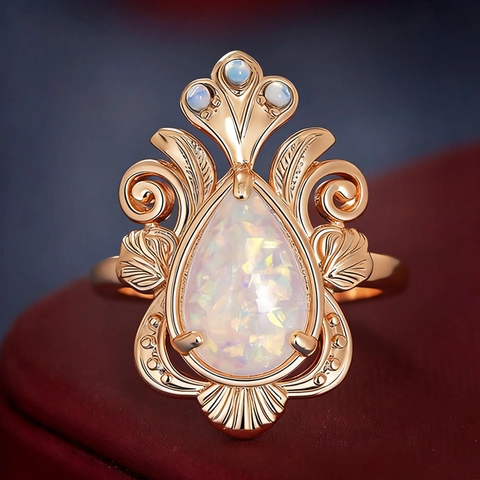 Vintage Pear Shape Synthetic Opal Ring Copper Leaf Design Retro Palatial Style Jewelry For Women Decorative Accessory