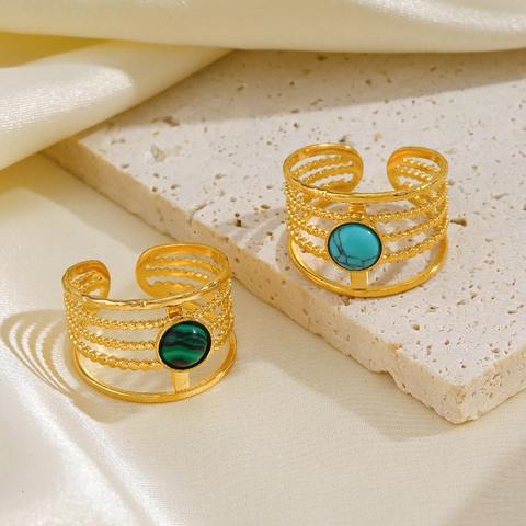 Vintage Verstellbarer Ring Edelstahl Malachit Türkis Geometrisch Lagenlook Mode Für Frauen