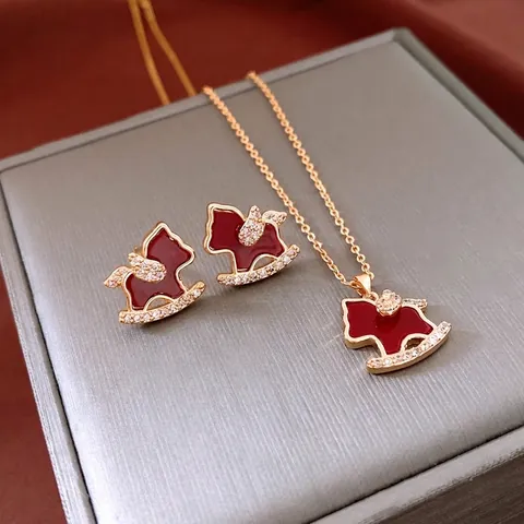 Rocking Horse Necklace And Earrings Copper With 18K Gold Plating Red Enamel And Silver Earring Post Vintage For Women