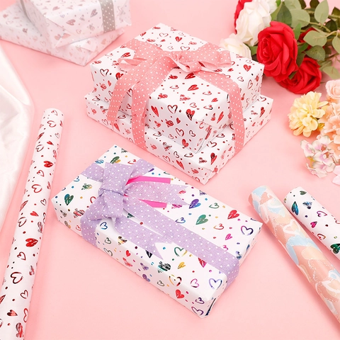 Gift Wrapping Paper Roll Heart Pattern Gold Stamping Bronzing For Valentine Birthday Wedding DIY Craft Paper