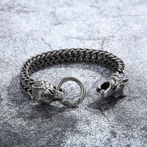 Wolf Head Bracelet Vintage Titanium Steel Woven Wheat Chain Punk Viking Gothic Jewelry Men Novelty