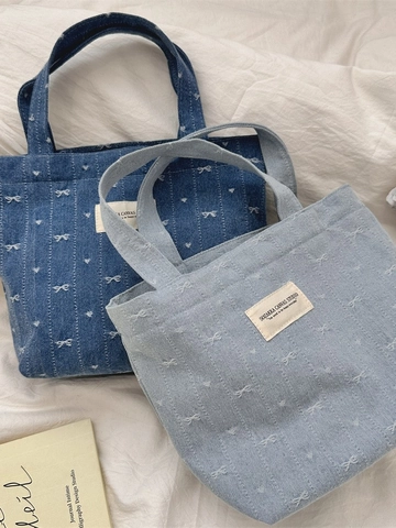 Denim Handbag Tote Bag With Bow Embroidery Vintage Canvas Portable Commuter Small Top Handle Purse For Mommy Lunch Box