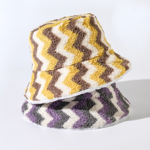 Sombrero De Pescador Reversible De Peluche Pelo De Conejo Sintético Patrón De Ondas Rayas Bloque De Color Invierno Cálido