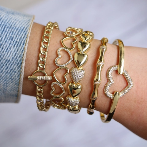 Bracciale Rigido A Cuore Rame Placcato Oro 18K Zirconia Cubica Incastonata Geometrico Cavo Aperto Gioielli Per Donna
