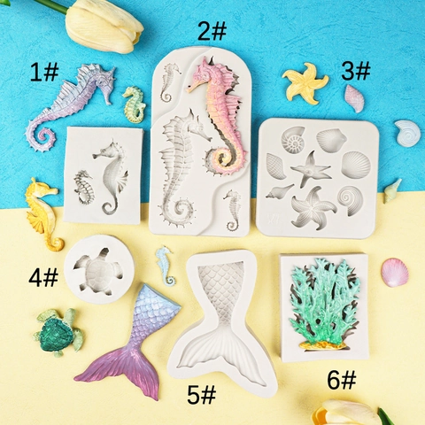 Silicone Marine Animal Cake Molds Seahorse Mermaid Tail Starfish Shell Coral Turtle Fondant Chocolate Resin Craft DIY Decor