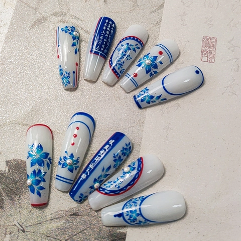 Blue Porcelain Style Embossed Nail Art Stickers Floral Pattern With Faux Artificial Pearl Chinese Calligraphy Manicure Decals