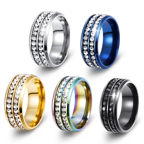Double Row Cubic Zirconia Stainless Steel Ring Shiny Polished Band For Men Women Fashion Jewelry Engagement Wedding Unisex