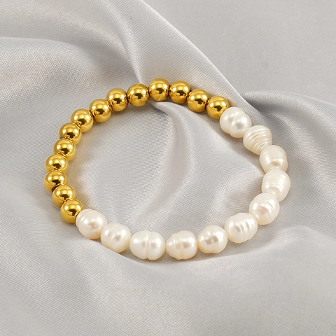 Bracciale Di Perle D'acqua Dolce Barocche Da Donna Acciaio Inossidabile Placcato Oro 18K Retro Francese Gioielli