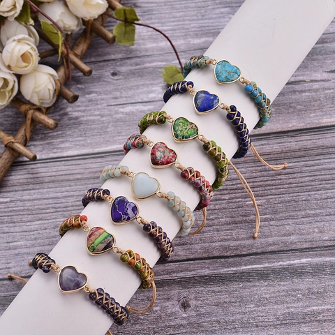 Handgemachtes Naturstein Herz Charm Perlenarmband Bohemian Verstellbares Wachsseil Mit Grußkarte Geschenk Für Frauen