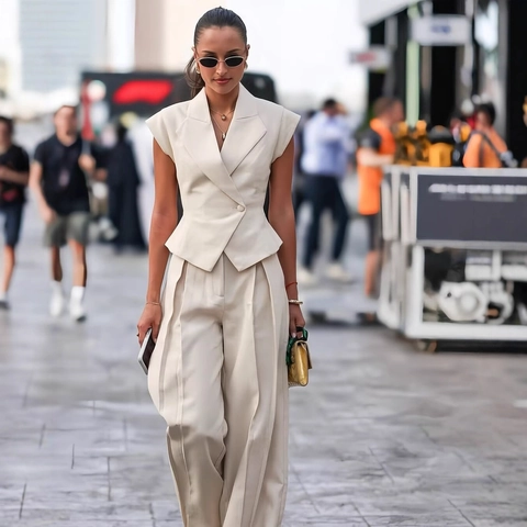 Women Elegant Sleeveless Notch Lapel Vest Top And High Waist Wide Leg Trousers Polyester Commute Fashion Casual