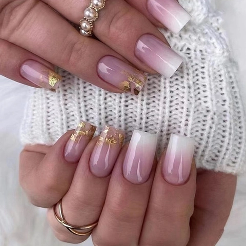 Uñas Postizas Rosa Ombré Degradado Uñas Artificiales Con Pan De Oro Brillante Elegante Chic Para Mujeres