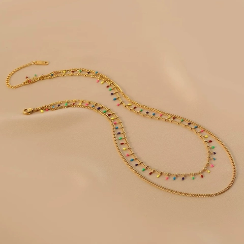 Collana a Doppio Strato in Acciaio al Titanio per Donna Ciondolo a Goccia in Smalto Colorato Catena Niche Gioielli Trendy