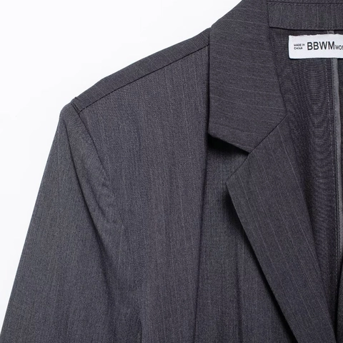 Blazer Donna Grigio Scuro Gessato Giacca Poliestere Con Cintura Monopetto Risvolto Manica Lunga Ufficio Elegante