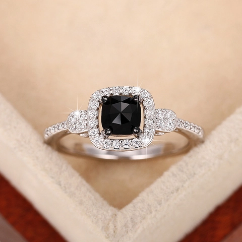 Square Black Cubic Zirconia Ring With White Micro Pave Stones Copper Based Vintage Halo Fashion Jewelry For Women