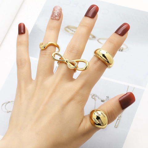 Schleife Welle Kuppel Geometrische Kupfer Vergoldete Ringe Mit Zirkonia Verstellbare Offene Band Mode Schmuck Frauen