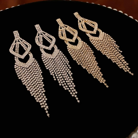 Long Tassel Dangle Earrings Alloy Rhinestone With Silver Earring Post Water Drop Geometric Luxury Party Jewelry For Women