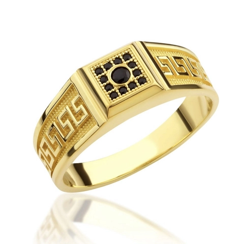 Men Signet Ring Alloy Gold Plated Square Face Black Rhinestone Greek Key Meander Pattern Hip Hop Punk Vintage Jewelry