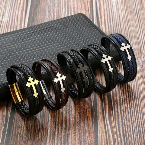 Bracciale In Pelle Intrecciata Multistrato Con Croce In Acciaio Inossidabile Chiusura Magnetica Gioielli Religiosi Da Uomo
